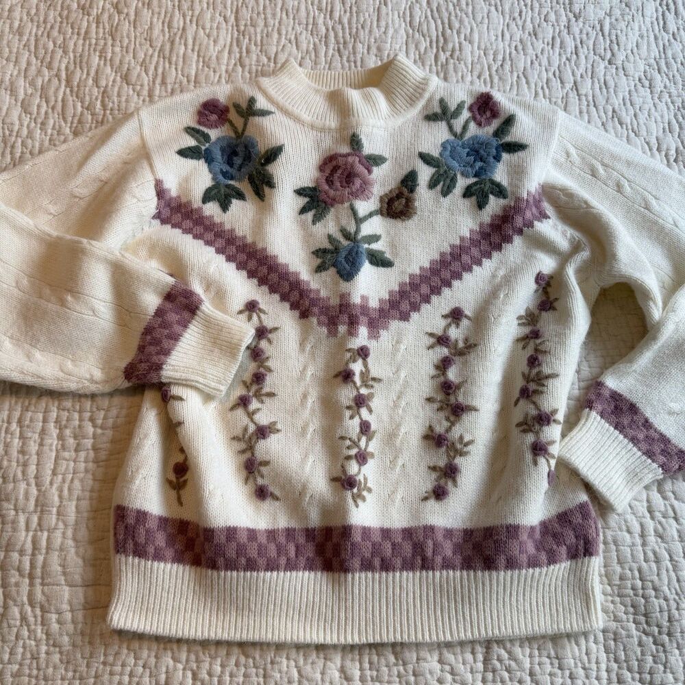 Alfred Dunner Vintage Knit Pastel Floral Embroidered Grandma Sweater Petite L